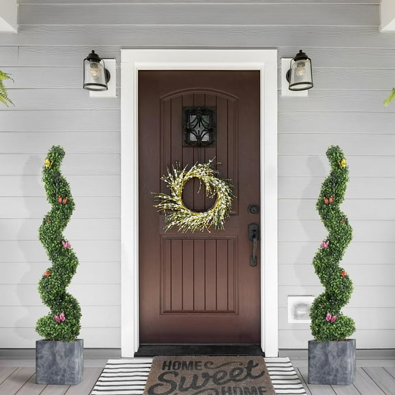Luku 4 FT Artificial Boxwood Spiral Topiary Trees, 2 Pcs Outdoor Faux Plants with Insect Decoration, Evergreen Artificial Plants Outdoor for Decorative, Indoor, Porch, Garden