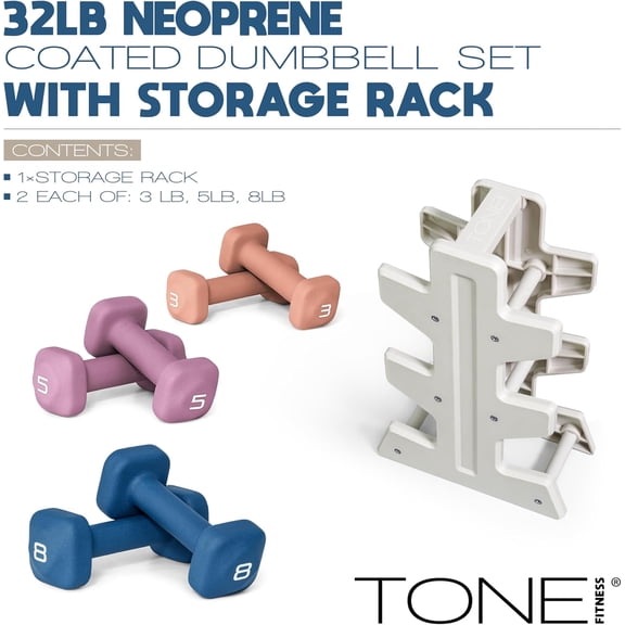 Neoprene Dumbbell Set with Storage Rack – Non-Slip, Anti-Roll Hand Weights for Home Gym Workouts | 20 lb, 32 lb, 50 lb, 60 lb & 100 lb Options