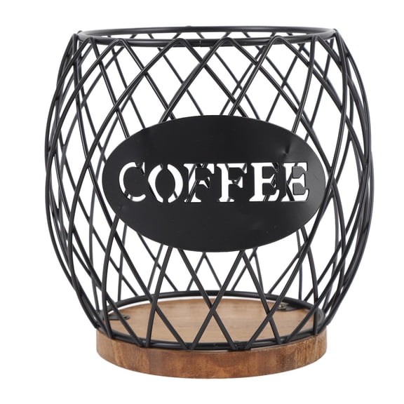 LAZIOEGR Iron Coffee Pod Organizer - Large Capacity, Easy-Access Basket with Wooden Base, Stylish Black Design for Home Coffee Bar