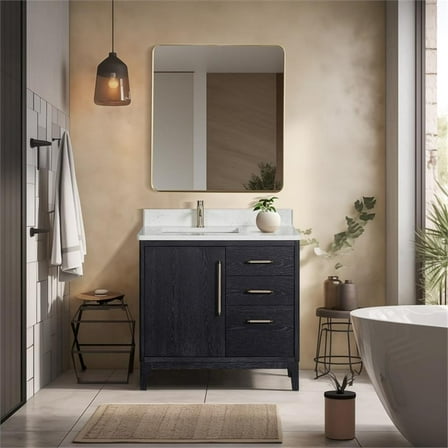 Gara 36" Single White Grain Composite Stone Countertop Bath Vanity in Fir Black