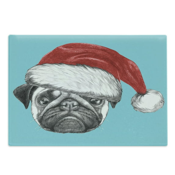 Pug Cutting Board, Dog Portrait with Santa Hat Christmas Imagery Fun Illustration on Blue Background, Decorative Tempered Glass Cutting and Serving Board, Large Size, Blue Ruby Grey, by Ambesonne