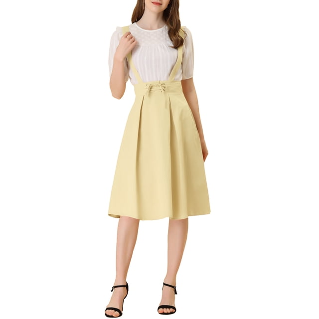 Unique Bargains Jupe Midi Plissée à Bretelles Rétro à Taille Élastique pour Femme, Abricot, TP