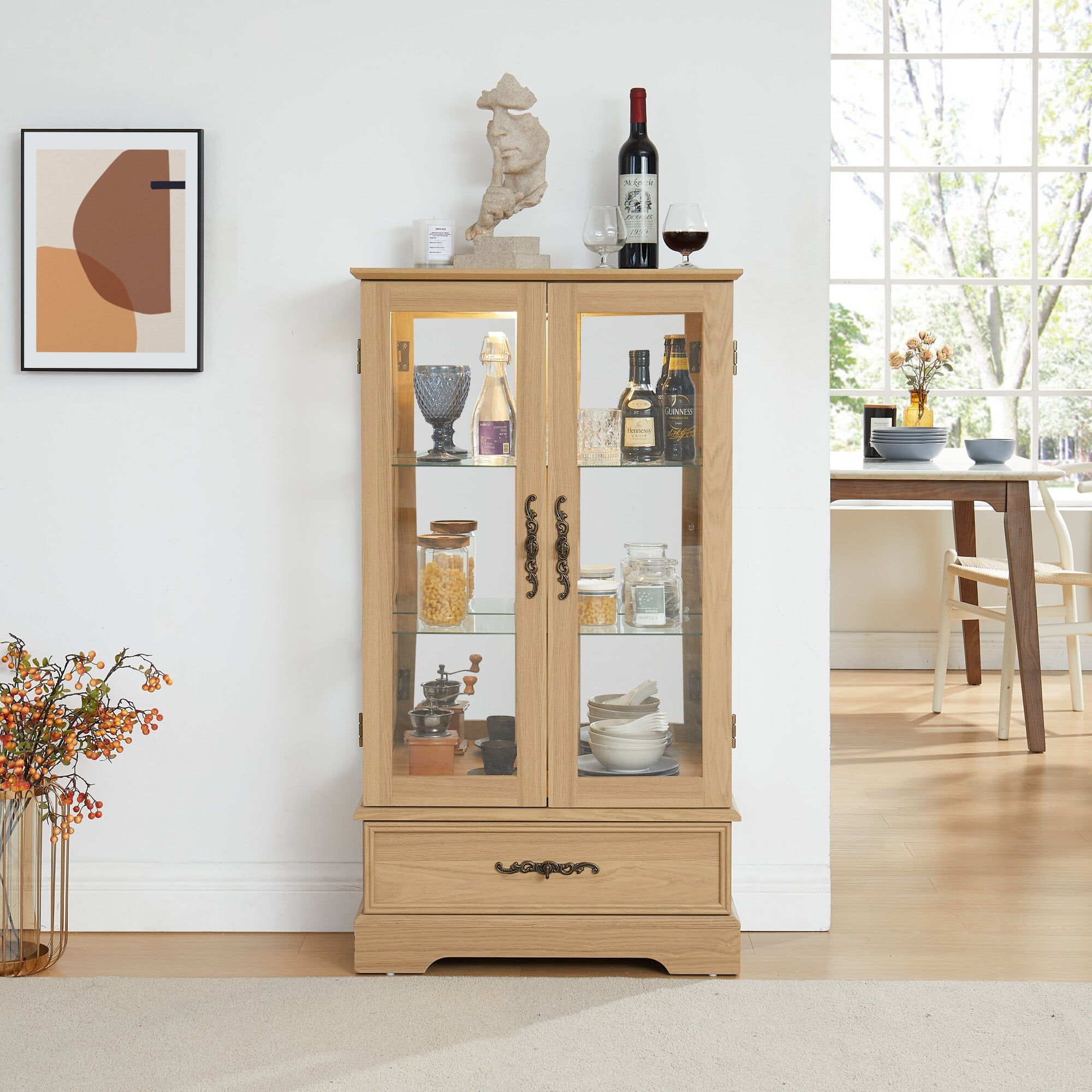 AENKYO 47" Retro Glass Curio Cabinet with Light Bulb - Vintage Display Case with Adjustable Glass Shelves, Oak