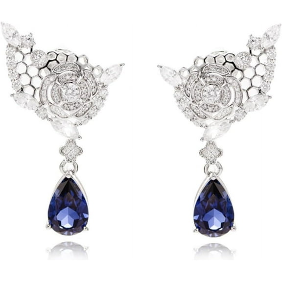 Created Blue Sapphire Earrings for Women S925 Sterling Silver CZ Simulated Blue Diamond Earrings for Women Pear Cut Elegant Drop Dangling Teardrop Earrings for Women