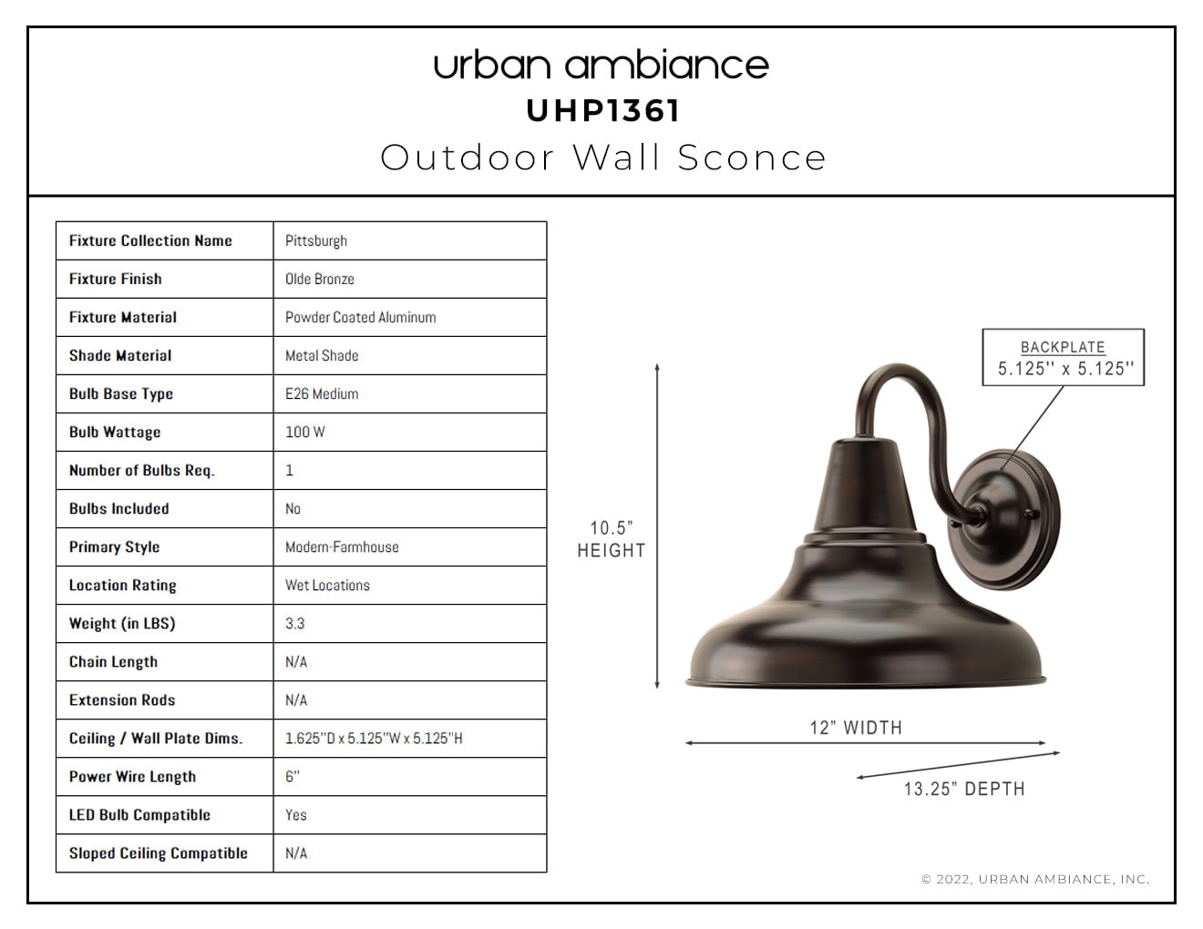 Luxury Industrial Wall Sconce, 10.5H x 12W, with Vintage Style, Olde Bronze, UHP1361 by Urban Ambiance