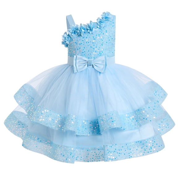 IBTOM CASTLE Toddler Kids Girls Pageant Sequin Flower Dress, Shiny Asymmetric Shoulder Formal Party Tiered Tulle Gowns 2-8T 4-5 Years Blue