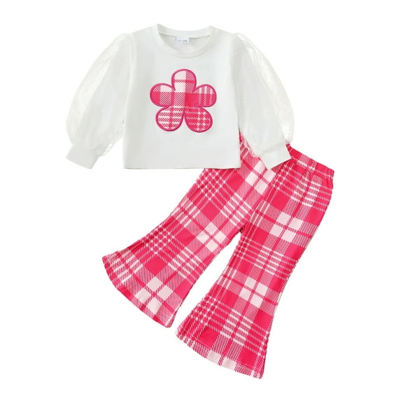 Kucnuzki 2T Toddler Girls Outfit Set 3T Kid Child Clothes Set Mesh Long Sleeves Flowers Print Pullovert Top Plaid Flared Pants Sets 2pcs Clothing White