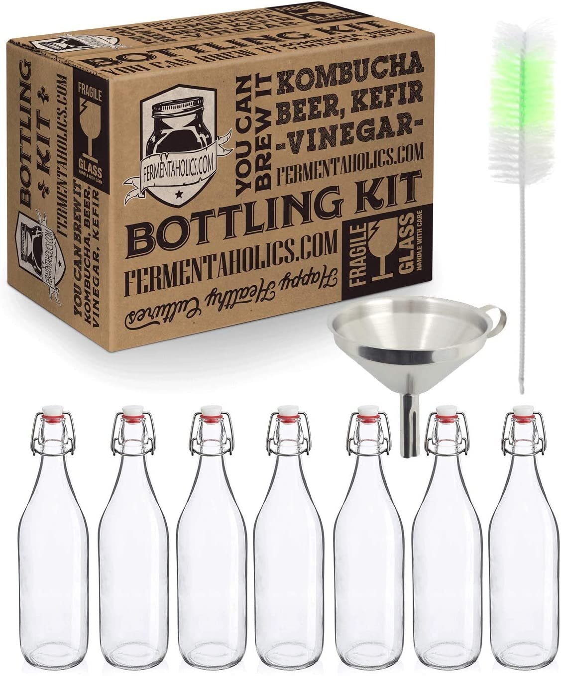 Kombucha Bottling Kit Includes 7 Glass Flip Top Bottles + Compact