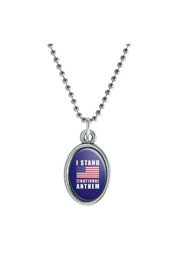 I Stand For The National Anthem American Flag USA Antiqued Oval Charm Pendant with Chain