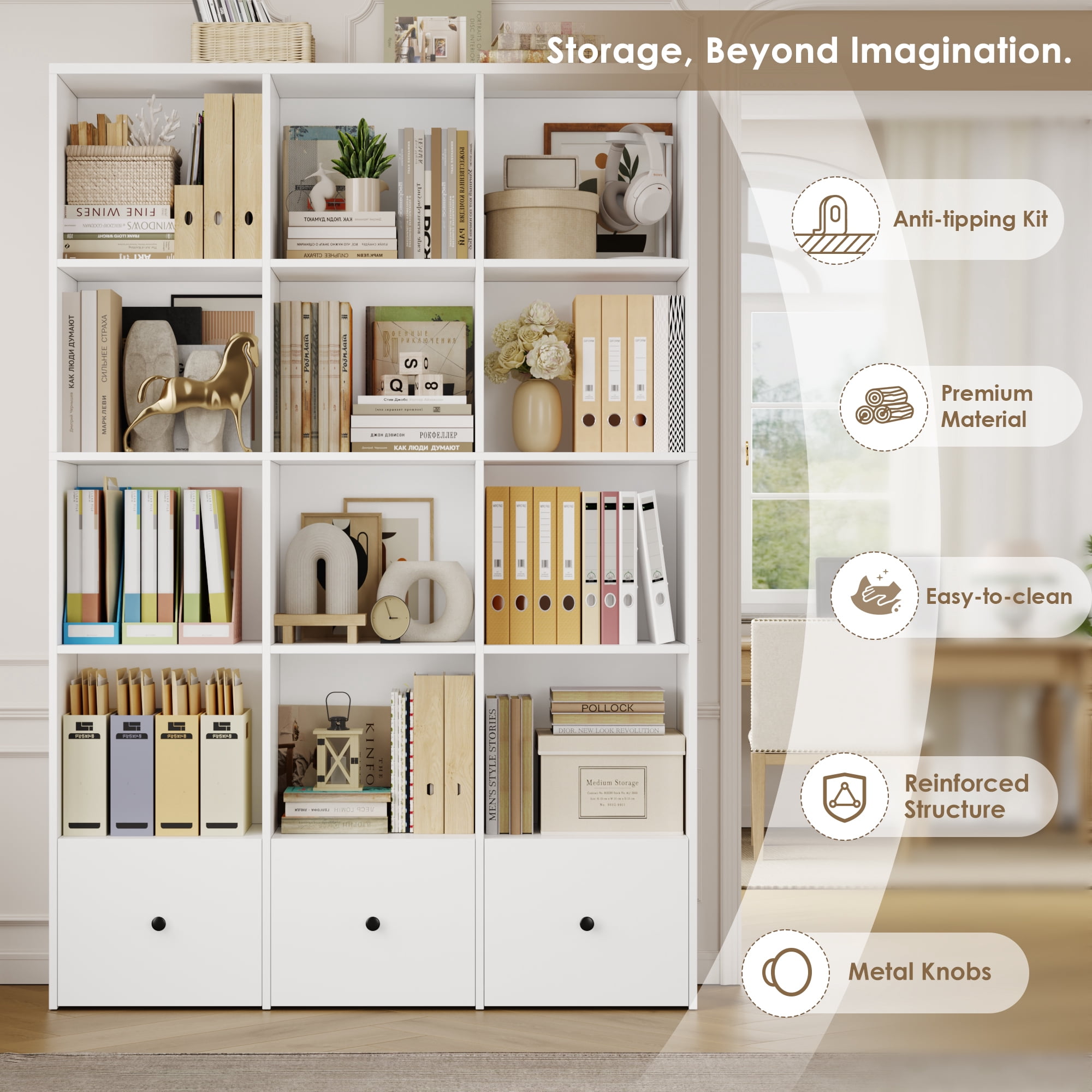 Hiphuta Triple Row 4-Tier Bookcase with 12 Cubes, 69" Tall Large Bookcase with 3 Drawers, for Office Living Room, White