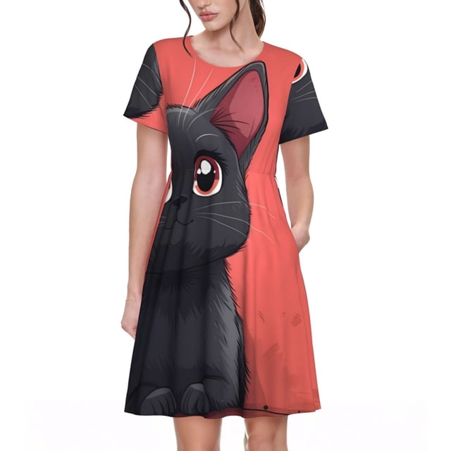 Balery Cute Black Kitten Cartoon Vestidos sueltos de manga corta para mujer, vestidos de verano 2025, vestidos casuales de corte A con vuelo.