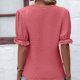 thumbnail image 4 of Tops de manga corta con cuello en V para mujer con ribete de encaje, color puro, suave, agradable a la piel, transpirable, camisetas de moda para camafeo diario marrón M, 4 of 6