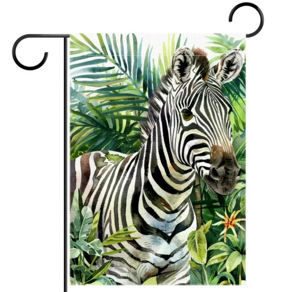African Animal Zebra Jungle Palm Leaves Decorative Garden Flag for All Seasons, 12 x 18 Inch Small Vertical Double Sided Outside Decoration for Yard Farmhouse