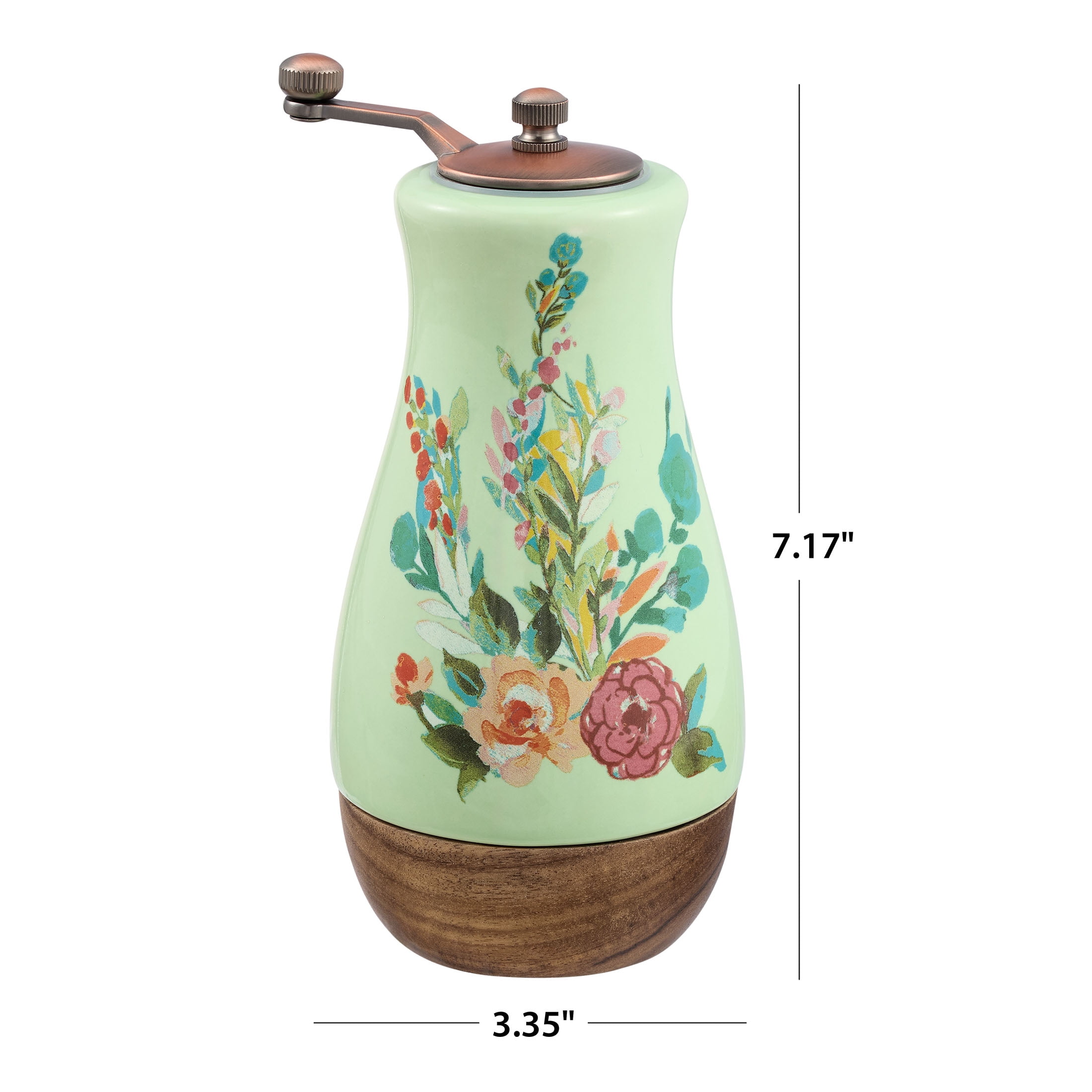 (2 pack) The Pioneer Woman Ceramic Painted Meadow Pepper Mill with Metal Grinder and Acacia Wood Base, A Practical Choice for Seasoning Storage and Serving