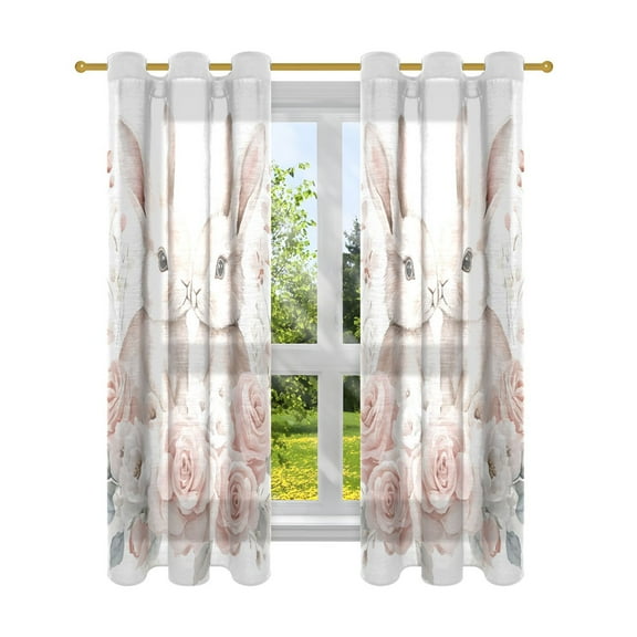 Sheer Curtains 2 Panels Set Grommet Drapes Window Treatments Light Filtering for Bedroom Living Room W42 x L63 Two Bunnies with Flower