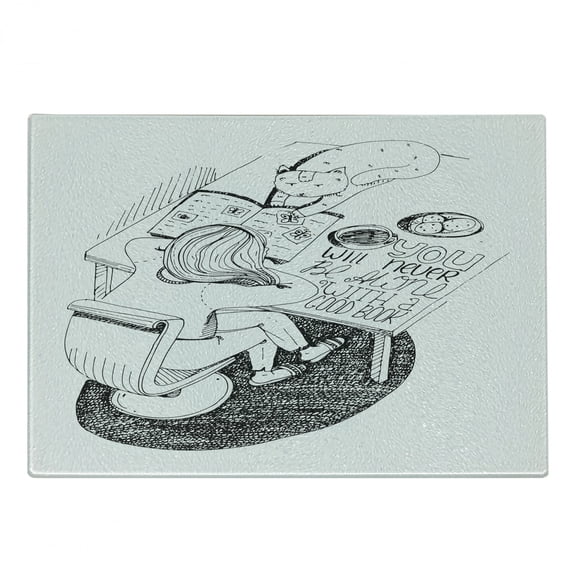 Book Cutting Board, Girl and Cat Reading Book on Desk Hand Drawn Cartoon Style with Inspirational Words, Decorative Tempered Glass Cutting and Serving Board, Small Size, Black White, by Ambesonne