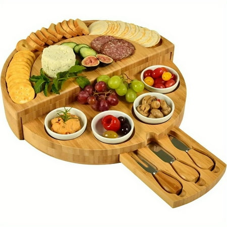 

1 Set Bamboo Cheese Board Set With Integrated Slide-Out Drawer And Foldable Storage - Perfect For Family And Friends Gatherings And Celebrations