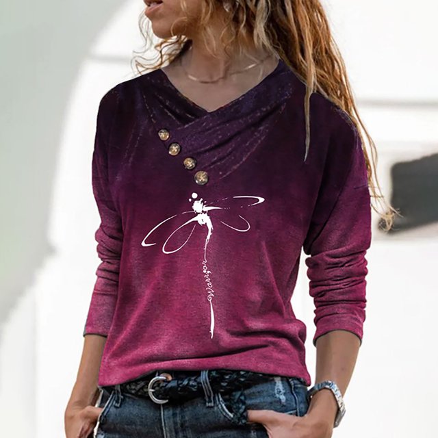 Pntutb moda mujer cuello en V invierno botón impresión manga larga suéter tops blusa Pntutb Pntutb-7366