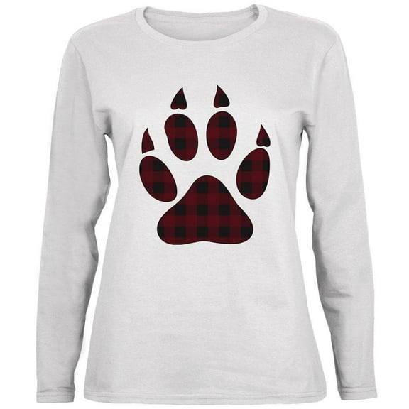 Autumn Buffalo Plaid Bear Claw Paw Ladies' Relaxed Jersey Long-Sleeve Tee White 2XL