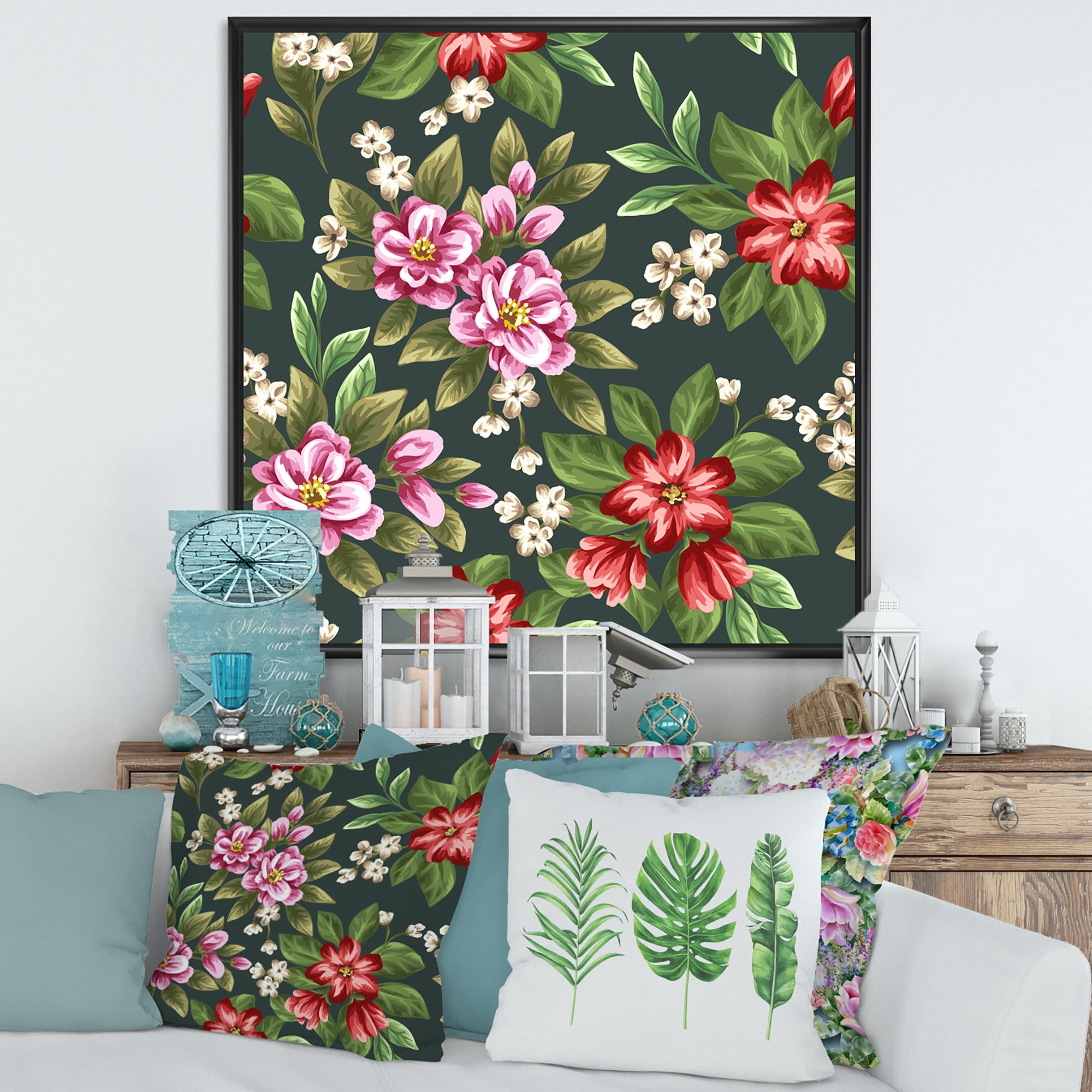 Designart 'Vintage Red and Pink Wildflowers I' Traditional Framed Canvas Wall Art Print