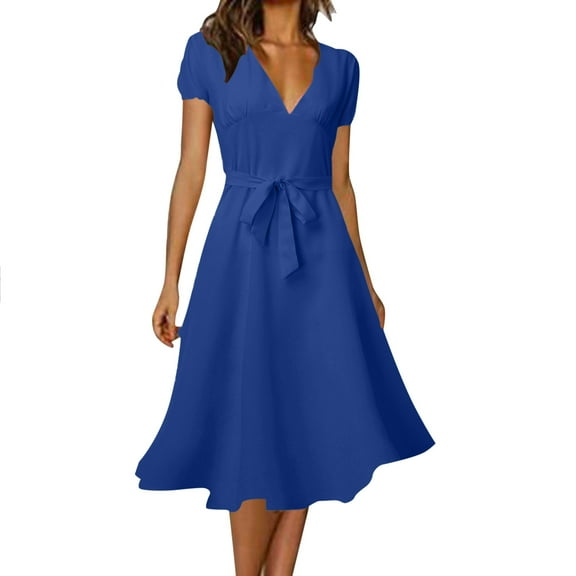 Charmgo Summer Dresses for Women, 2024 Women Casual Elegant Solid Color V Neck Short Sleeve Floral Dress Midi Dresses for Women, Sundresses for Women 2024 Blue L