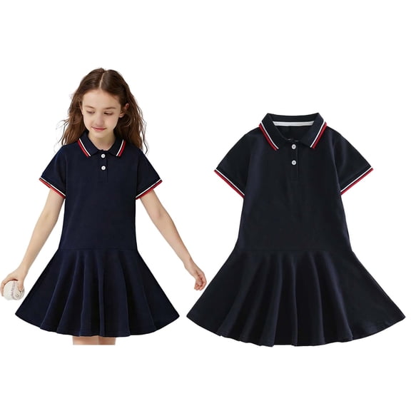 School Uniform Dresses for Girls Short Sleeve Polo Dress Navy Tennis Dress Kids Girl Clothes 5-6 Years