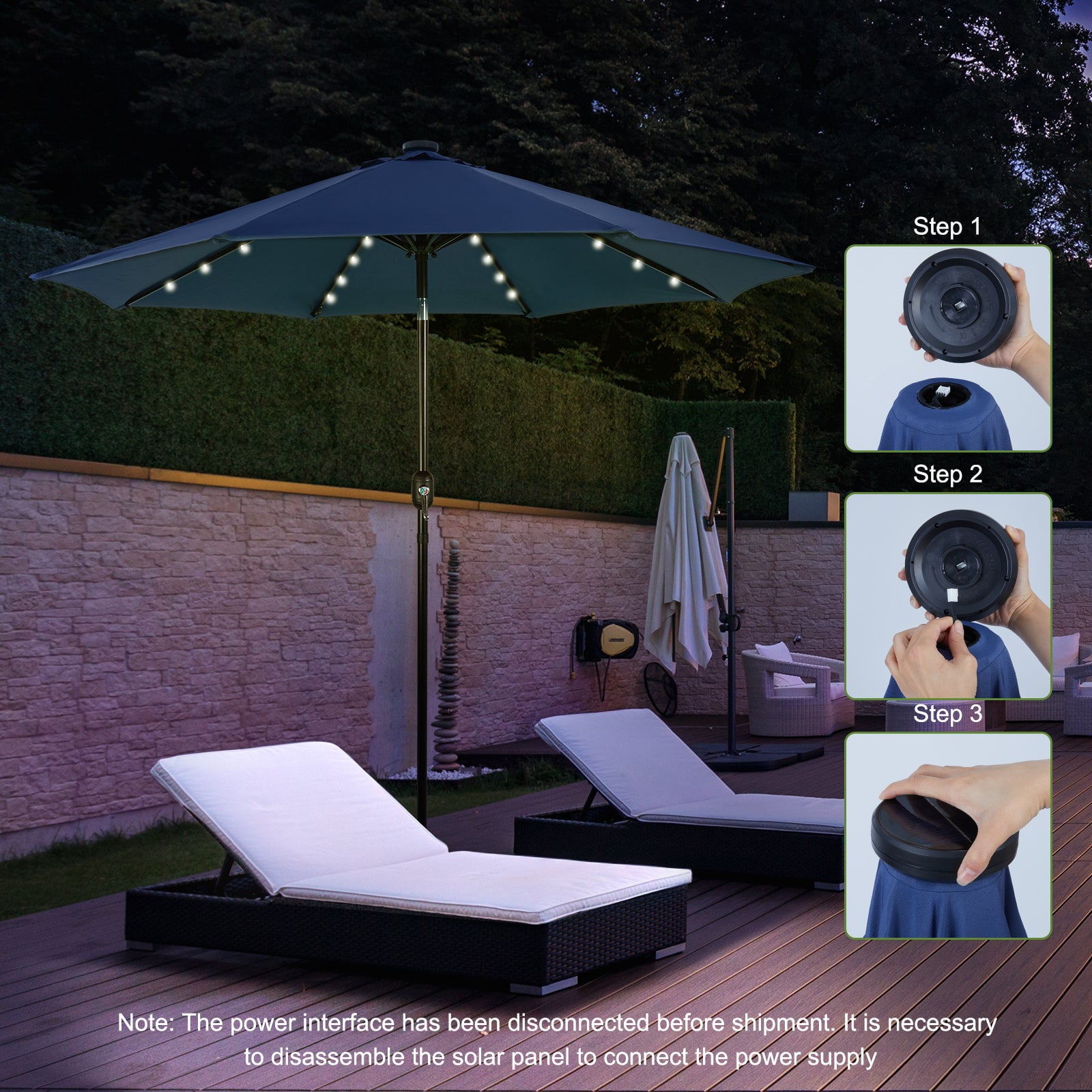 Backyard Expressions 9ft Solar Patio Umbrella with 32 LED Lights – Outdoor Market Umbrella with Tilt & Crank, Solar-Powered Lighting, Water-Resistant Fabric for Patio, Deck, Garden, Pool