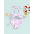 thumbnail image 2 of Little Girl's Summer Bikini 2 Pcs Set, Flower/Plaid Print Sleeveless Bow Bikini Tops with Shorts Swimsuit, 2 of 8