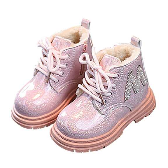 Chenyee Girls Glitter Ankle Boots Kids Lace Up Water-proof Combat Booties With Side Zipper for Toddler
