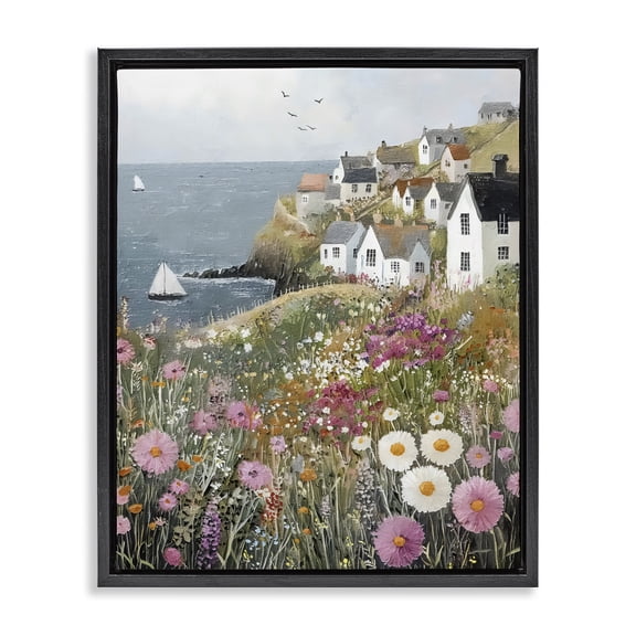 Stupell Industries Pink Meadow Overlooking Sailboats Black Framed Floater Canvas Wall Art, design by Riley B