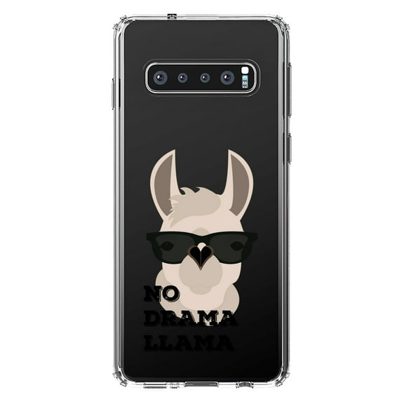 DistinctInk Clear Shockproof Hybrid Case for Samsung Galaxy S10 (6.1" Screen) - TPU Bumper Acrylic Back Tempered Glass Screen Protector - No Drama Llama Cartoon