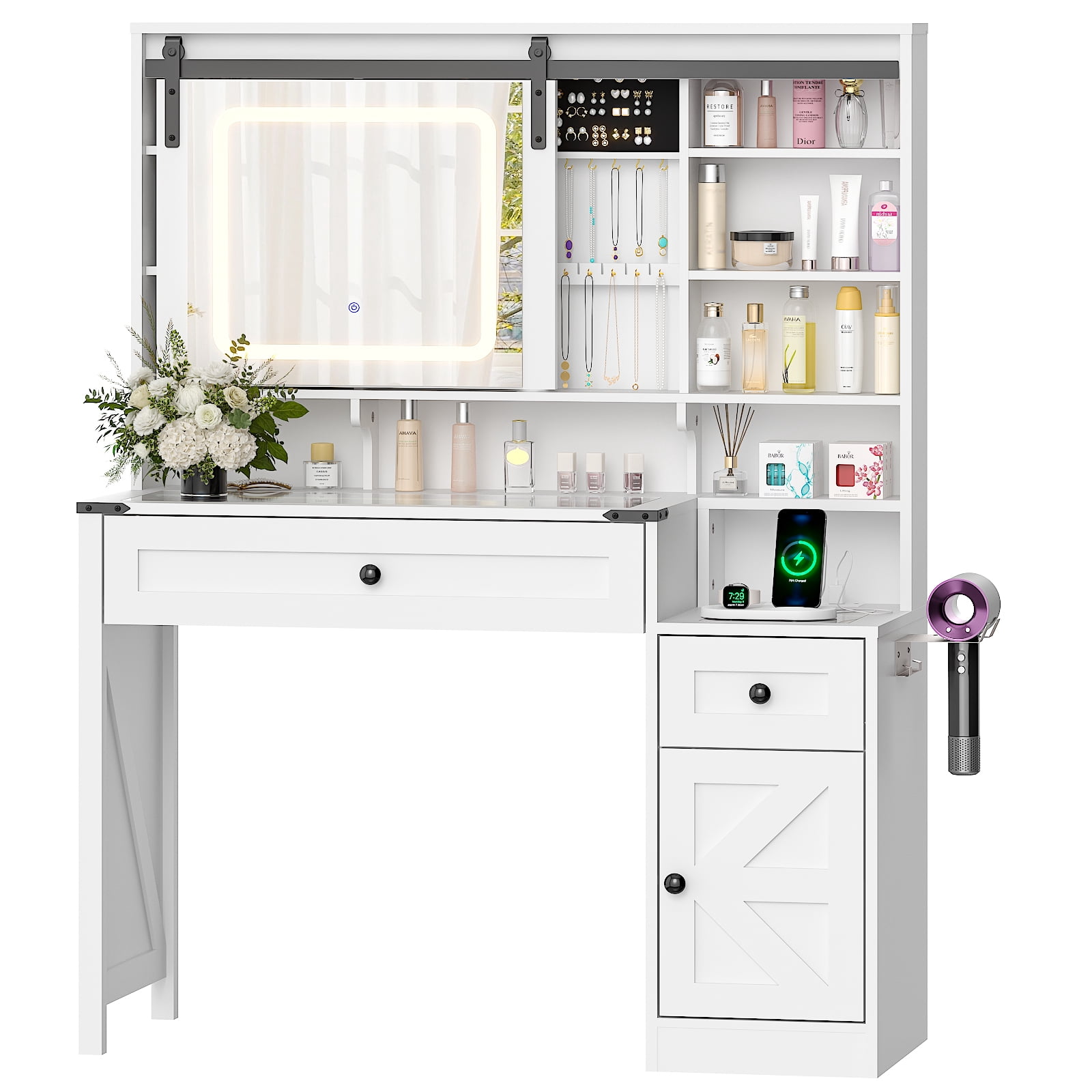 Ktaxon Farmhouse Makeup Vanity with Sliding Barn Door,  Vanity Table Set w/ Lighted Mirror, White