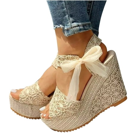 

Womens Lace up Espadrilles Platform Wedges Lace Up Sandals High Heels Elegant Floral Summer Dress Ankle Strap Shoes