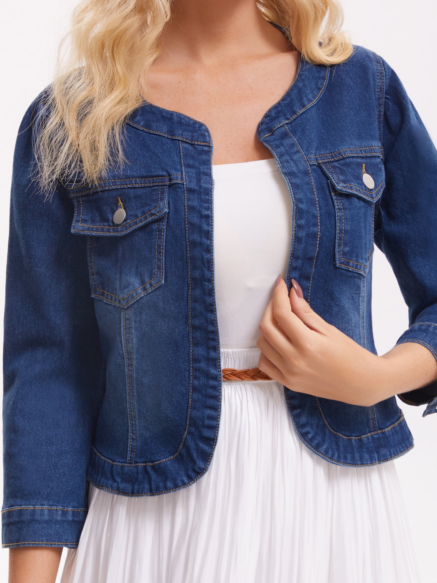 DARING DIVA Women's Collarless Cardigan 3/4 Sleeve Jean Jacket XL Dark Blue