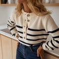 thumbnail image 5 of Sweaters for Women Stripe Henley Neck Long Sleeve Loose Knit Pullover Casual Stylish Retro Versatile Top Beige L, 5 of 9