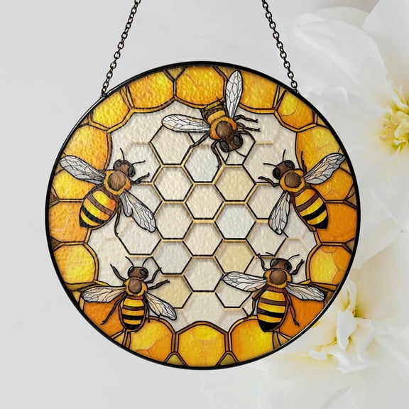 Honeybee Stained Glass Suncatcher, Honeycomb Beehive Window Decor, Round Bee Glass Art, Handmade Mothers Day Gift, Sun Catcher Ornament