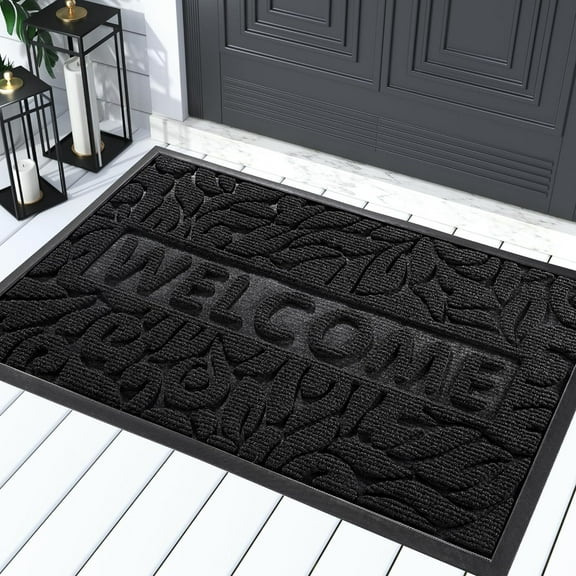 Welcome Mat Outdoor, 29.5x17 Waterproof Door Mat Outside Entrance, All-Weather Non Slip Front Door Mat, Low-Profile Entryway Mat Indoor, Porch and Patio, Black