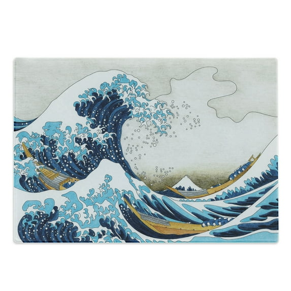 Hokusai Cutting Board, Illustration of Graphical Waves Splashing with People in the Boats Through Ocean, Decorative Tempered Glass Cutting and Serving Board, in 3 Sizes, by Ambesonne