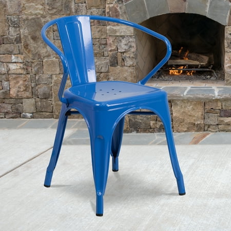 Flash Furniture Commercial Grade Blue Metal Indoor-Outdoor Chair with Arms