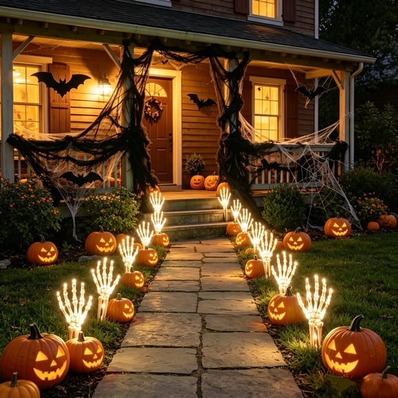 2 Pack Light Up Skeleton Hands Ground Stakes, Green LED Illuminated Plastic Bone Yard Stake Lights, Waterproof Halloween Outdoor Lawn for Garden Front Porch Halloween Party Night Decorations
