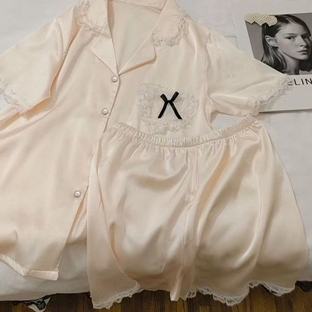 Conjunto de Pijama de 2 piezas con corazones de encaje para mujer, ropa de dormir de manga corta, estilo coreano, para estar en casa, Verano