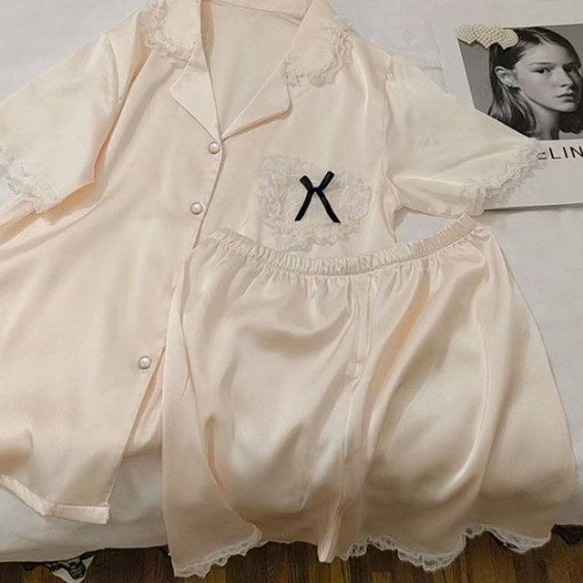 Conjunto de Pijama de 2 piezas con corazones de encaje para mujer, ropa de dormir de manga corta, estilo coreano, para estar en casa, Verano