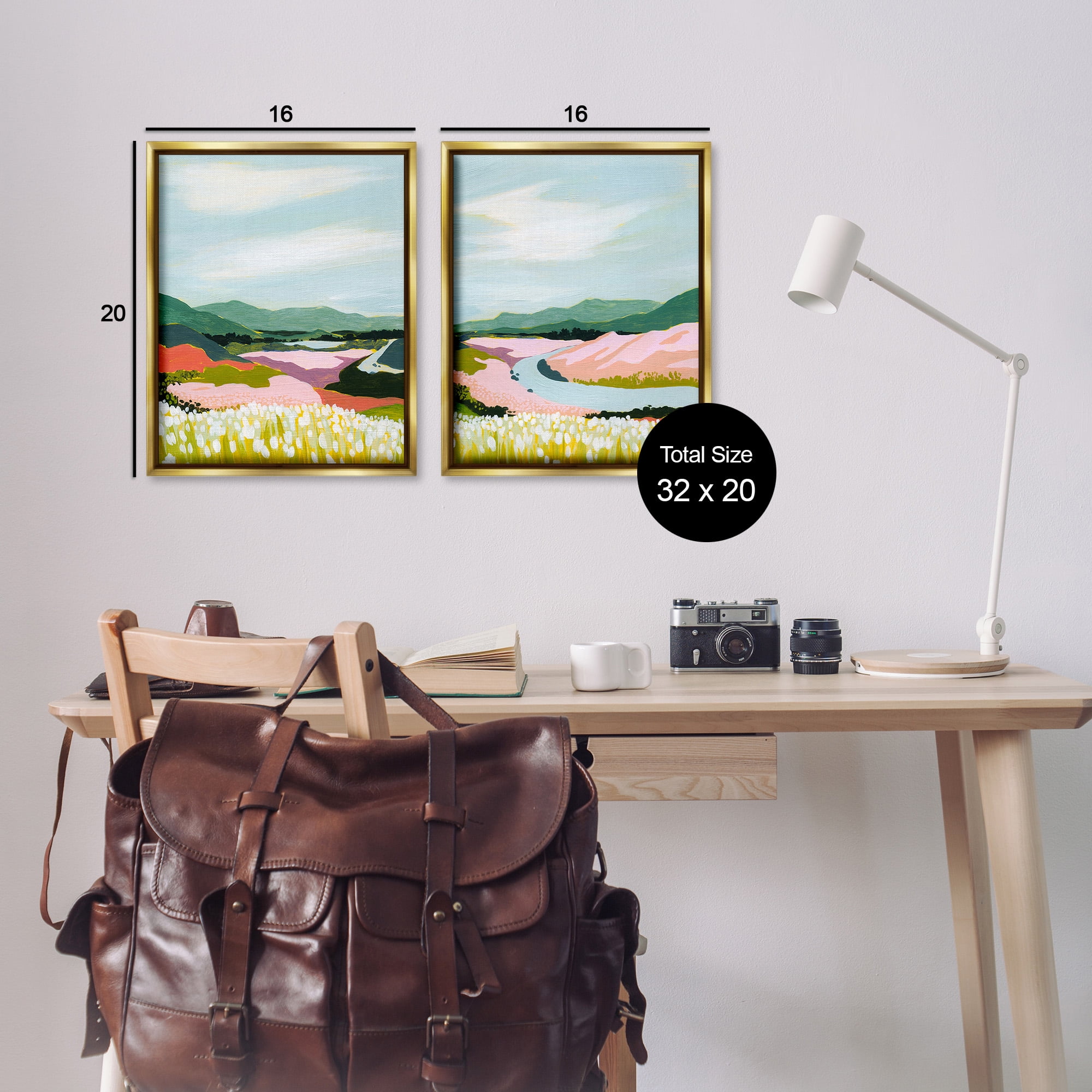 Stupell Industries Mountain Valley Meadow Landscape Painting Gold Floater Framed Canvas Art Print Wall Art, 17 x 21, Set of 2