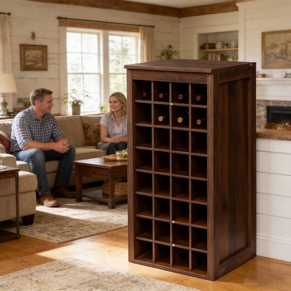 Fehomix 32-Bottle Modular Wine Bar Cabinet, Compact Walnut Buffet Cabinet & Sideboard for Home, Freestanding Storage with Wine Rack, Simple Modern Design