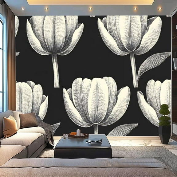 Peel and Stick Wallpaper Canvas Folk Tulip Neutral Stylized Leaves Symmetrical Patterns Organic Forms Modern Art Wall Mural Decor Self Adhesive and Removable 100in x 144in