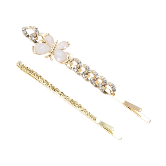 Unique Bargains 1 Pair Bobby Pin Chain Butterfly Hair Clips Gold Tone Beige