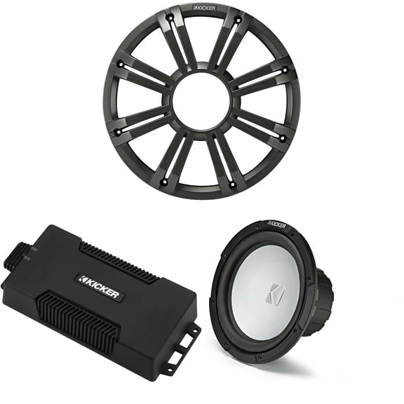 Kicker 48PXA6001 Weatherproof Powersport Mono Amp & 10" 2 Ohm Free-Air Marine Subwoofer ( Charcoal Grill )