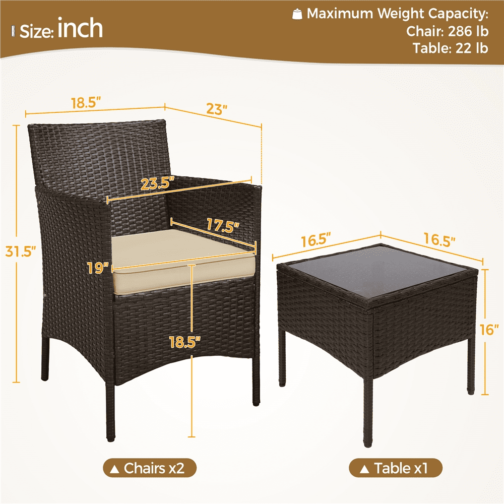 Alden Design 3-Piece Bistro Set with Rattan Chairs and Table for Outdoor Patio, Brown with Beige Cushions