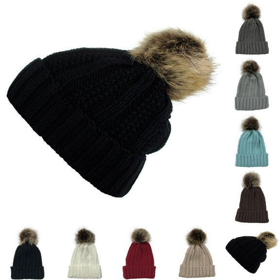 UTSJKR Thick Cable Knit Faux Fuzzy Fur Pom Fleece Lined Skull Cap Cuff Beanie Knitted Loose Sprouts Skulies Light Blue