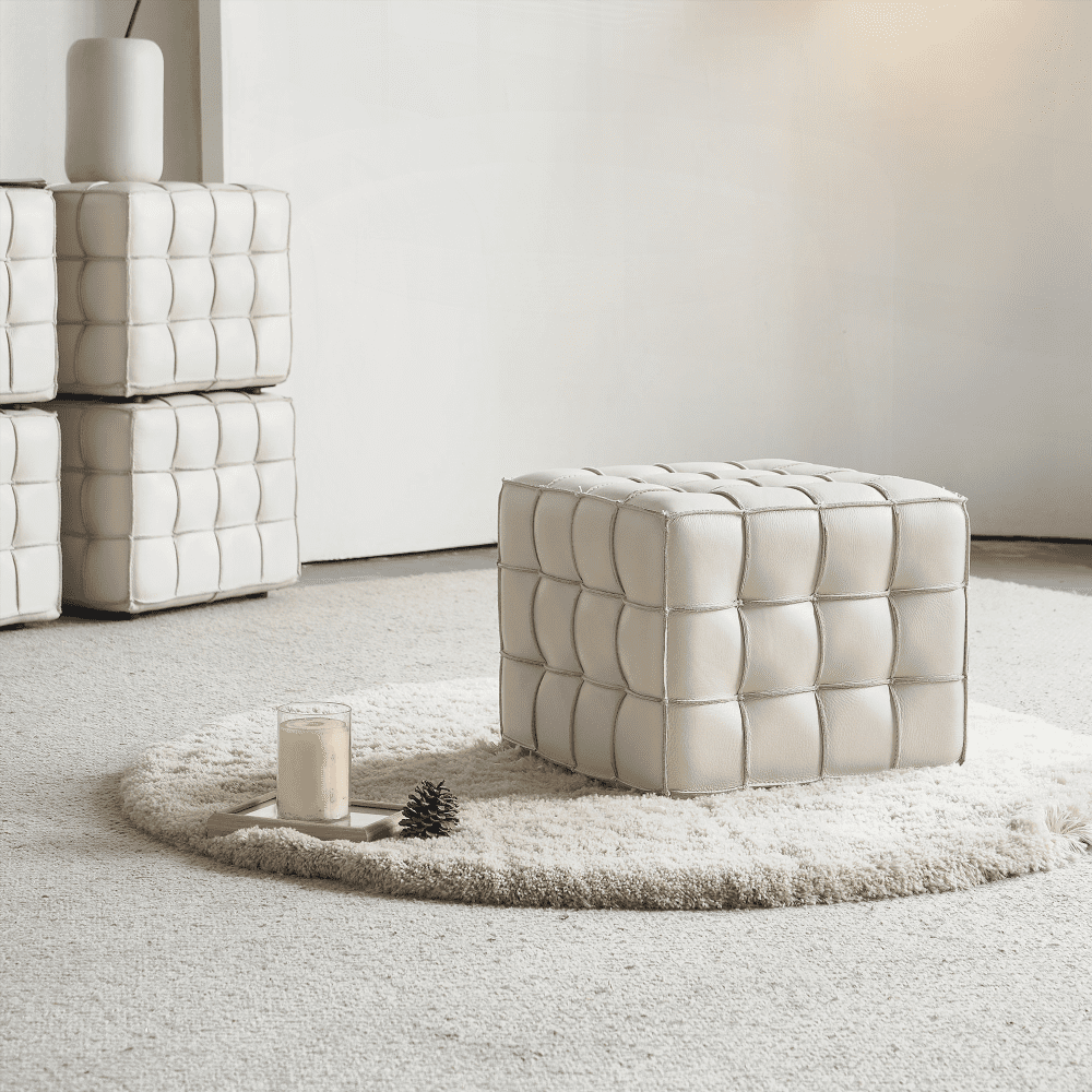 17.32''W Genuine Leather Tufted Ottoman for Living & Bedroom in Beige Color|Versatile Footstool as Extra Seat or Coffee Table